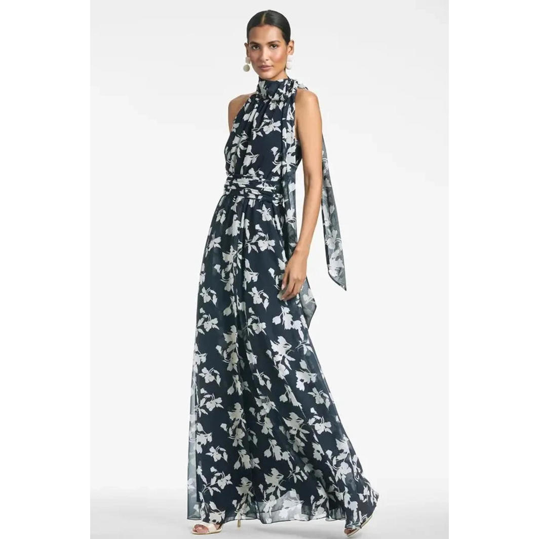 New, Sachin & Babi Kayla Printed Poly Chiffon Gown In Navy/Ivory Sz 20 #Ld0150